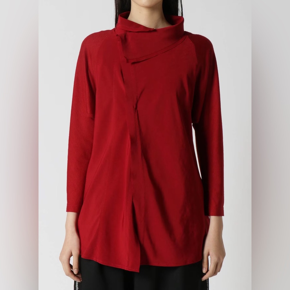 Y’S YOHJI YAMAMOTO Roll Collar Combi Blouse Shirt in Red - Picture 3 of 15